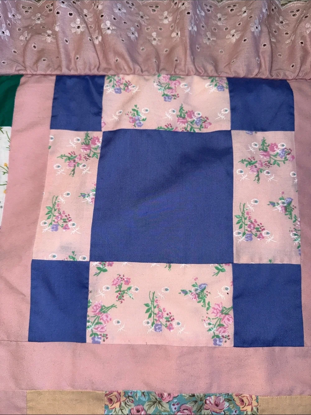 Handmade Pink Patchwork Quilted Pillowcase with Floral Accents